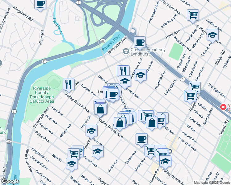 map of restaurants, bars, coffee shops, grocery stores, and more near 262 Court Avenue in Lyndhurst