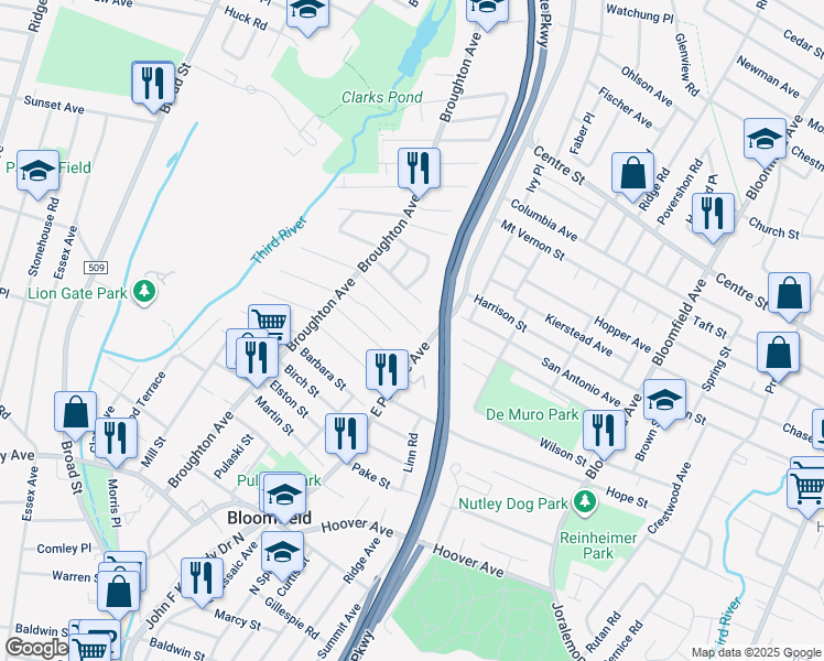 map of restaurants, bars, coffee shops, grocery stores, and more near 53 Main Terrace in Bloomfield