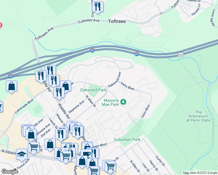 map of restaurants, bars, coffee shops, grocery stores, and more near in Centre County