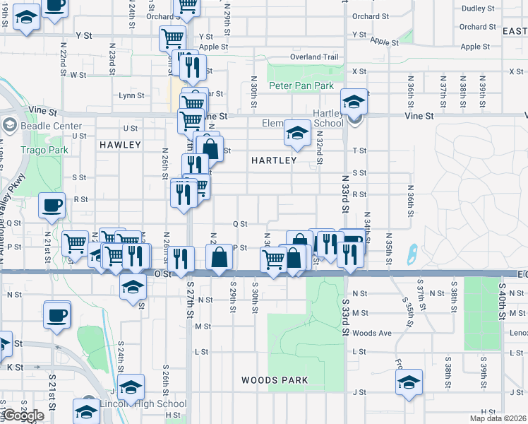 map of restaurants, bars, coffee shops, grocery stores, and more near 330 North 30th Street in Lincoln