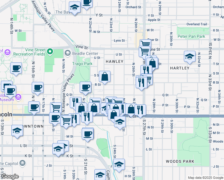 map of restaurants, bars, coffee shops, grocery stores, and more near 333 North 24th Street in Lincoln