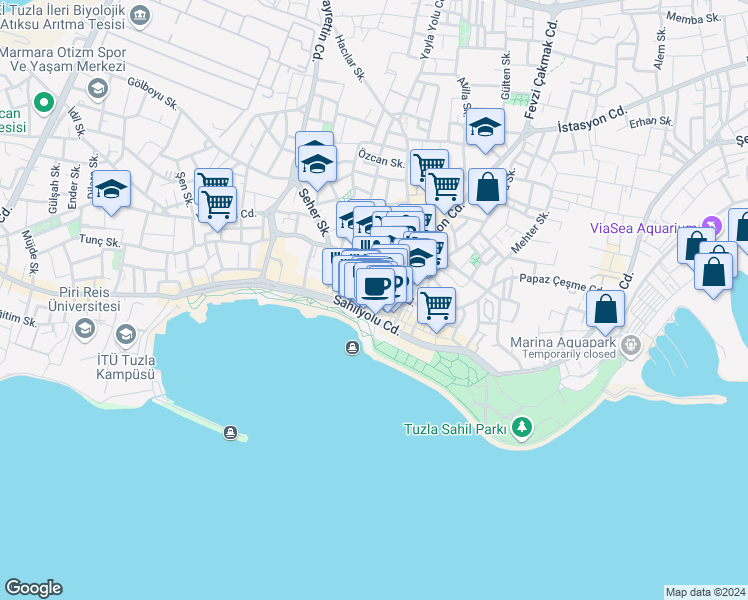 map of restaurants, bars, coffee shops, grocery stores, and more near 34 Orta Sokak in Tuzla