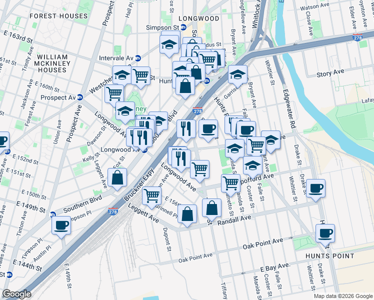 map of restaurants, bars, coffee shops, grocery stores, and more near 1127 Lafayette Avenue in Bronx