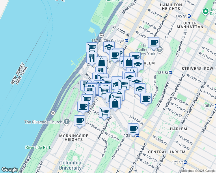 map of restaurants, bars, coffee shops, grocery stores, and more near 545 West 126th Street in New York