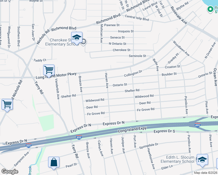 map of restaurants, bars, coffee shops, grocery stores, and more near 317 Haven Avenue in Ronkonkoma