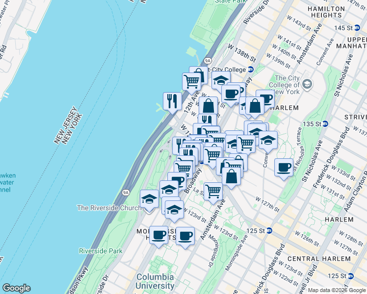 map of restaurants, bars, coffee shops, grocery stores, and more near 552 Riverside Drive in New York