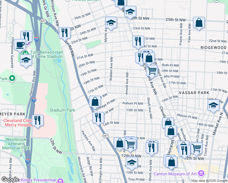 map of restaurants, bars, coffee shops, grocery stores, and more near 1301 16th Street Northwest in Canton