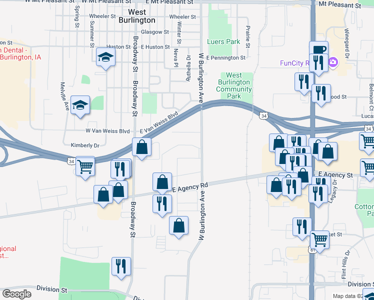 map of restaurants, bars, coffee shops, grocery stores, and more near 306 East Agency Road in West Burlington