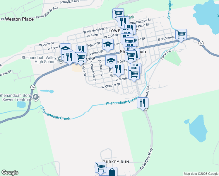 map of restaurants, bars, coffee shops, grocery stores, and more near 326 West Chester Street in Shenandoah