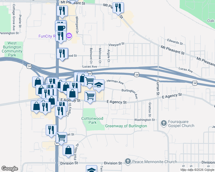 map of restaurants, bars, coffee shops, grocery stores, and more near 2416 Burlington Avenue in Burlington
