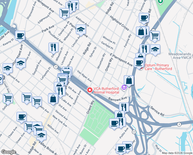 map of restaurants, bars, coffee shops, grocery stores, and more near 333 Mountain Way in Rutherford