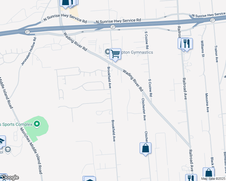 map of restaurants, bars, coffee shops, grocery stores, and more near 225 Brookfield Avenue in Center Moriches