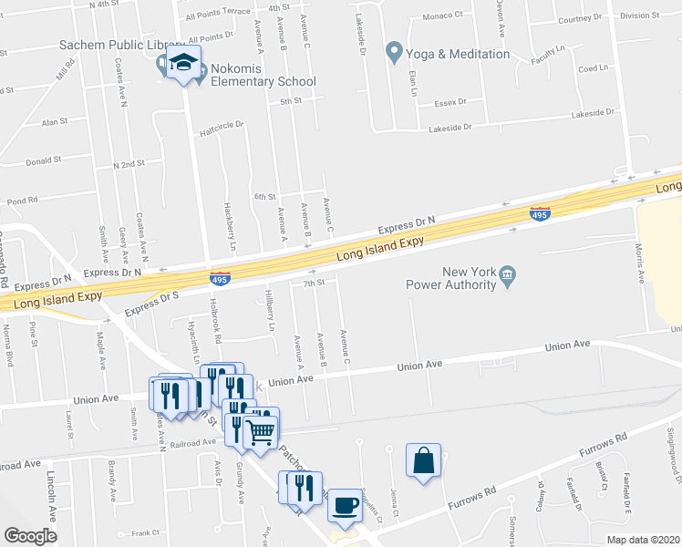 map of restaurants, bars, coffee shops, grocery stores, and more near 53 Avenue C in Holbrook