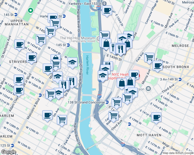 map of restaurants, bars, coffee shops, grocery stores, and more near 355 Exterior Street in The Bronx
