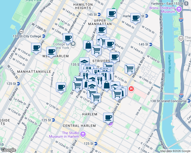 map of restaurants, bars, coffee shops, grocery stores, and more near 241 West 135th Street in New York