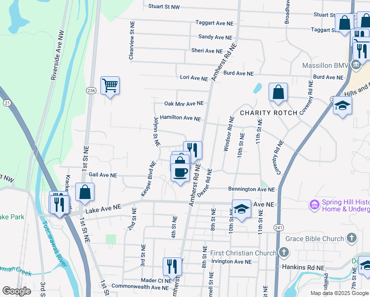 map of restaurants, bars, coffee shops, grocery stores, and more near 507 Amvale Avenue Northeast in Massillon