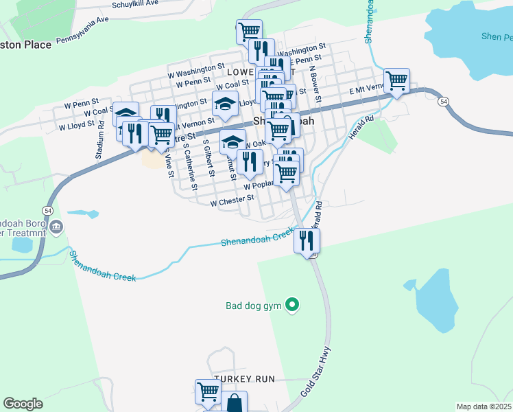 map of restaurants, bars, coffee shops, grocery stores, and more near 342 South West Street in Shenandoah