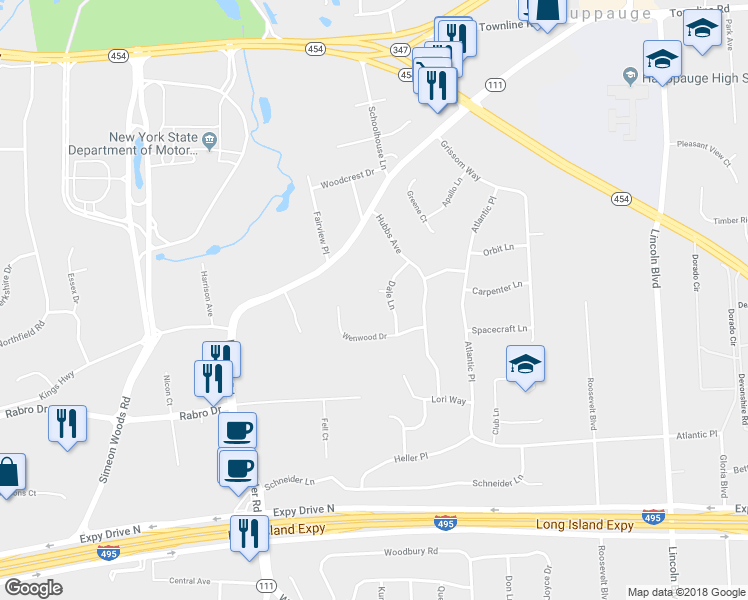 map of restaurants, bars, coffee shops, grocery stores, and more near 4 Dale Court in Hauppauge