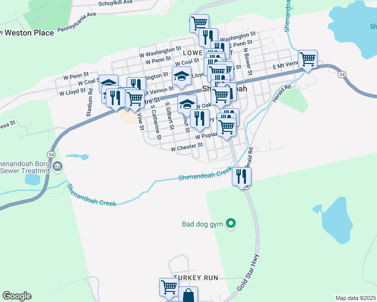 map of restaurants, bars, coffee shops, grocery stores, and more near 306 West Chester Street in Shenandoah