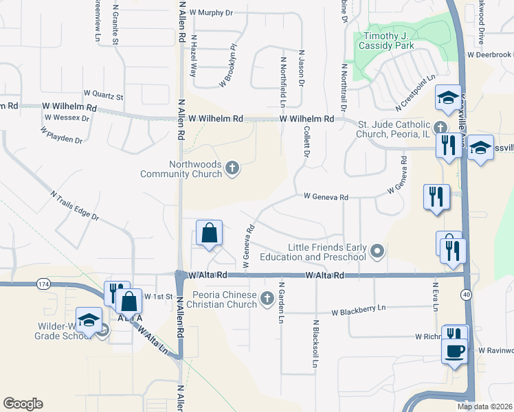 map of restaurants, bars, coffee shops, grocery stores, and more near 2109 West Geneva Road in Peoria