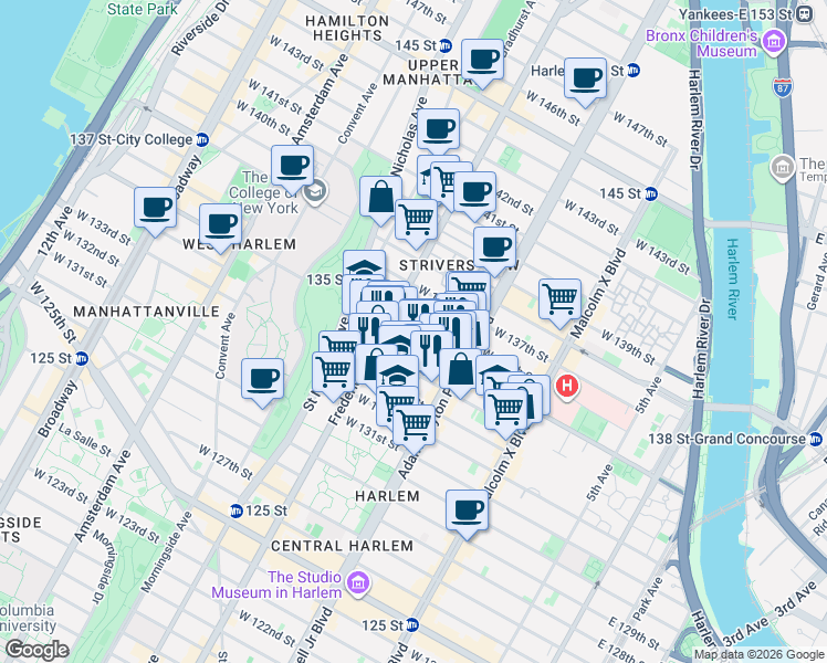 map of restaurants, bars, coffee shops, grocery stores, and more near 241 West 135th Street in New York