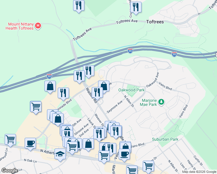 map of restaurants, bars, coffee shops, grocery stores, and more near 118 Westminster Court in State College