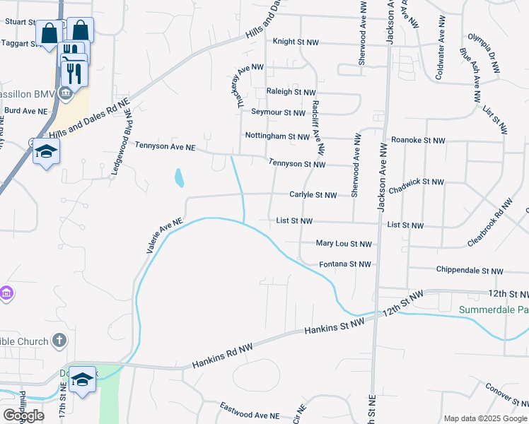 map of restaurants, bars, coffee shops, grocery stores, and more near 1607 Montaque Avenue Northwest in Massillon
