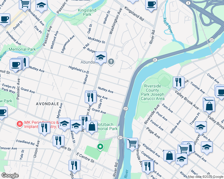 map of restaurants, bars, coffee shops, grocery stores, and more near 54 Nutley Avenue in Nutley
