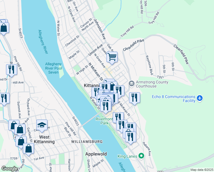 map of restaurants, bars, coffee shops, grocery stores, and more near 210 North McKean Street in Kittanning