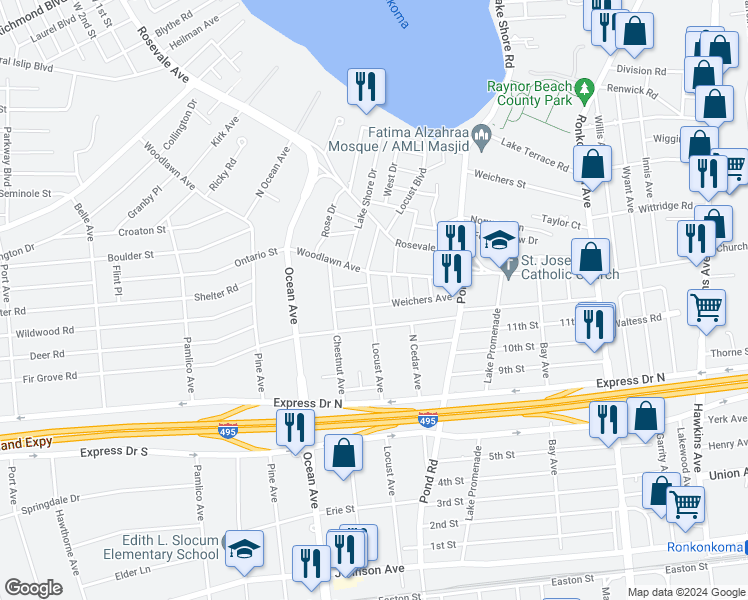 map of restaurants, bars, coffee shops, grocery stores, and more near 2825 Locust Avenue in Ronkonkoma