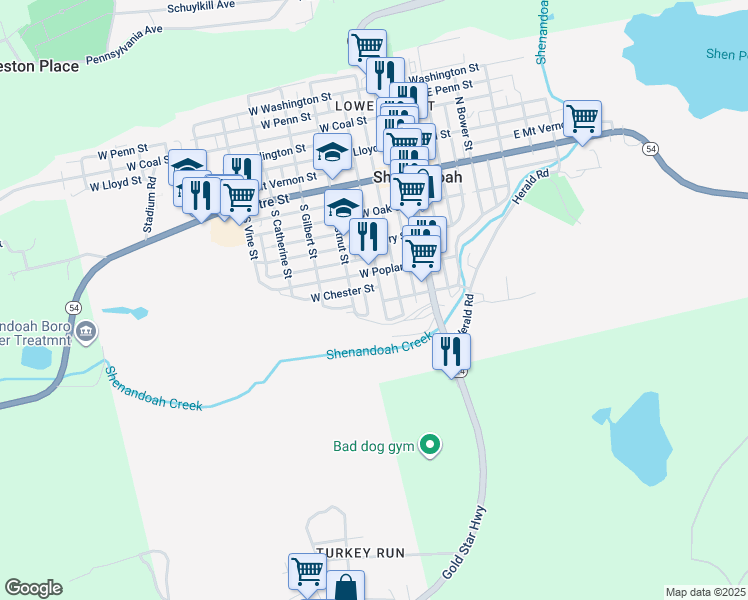 map of restaurants, bars, coffee shops, grocery stores, and more near 338 South West Street in Shenandoah
