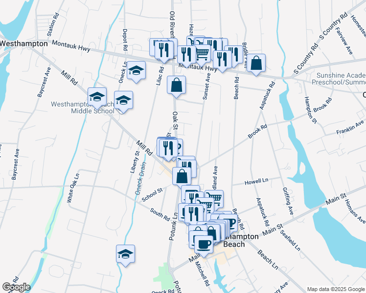 map of restaurants, bars, coffee shops, grocery stores, and more near 34 Oak Street in Westhampton Beach