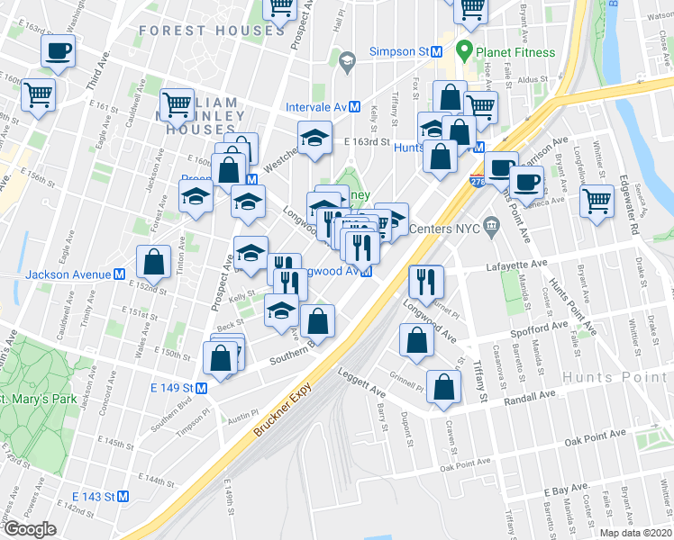 map of restaurants, bars, coffee shops, grocery stores, and more near 783 Fox Street in Bronx