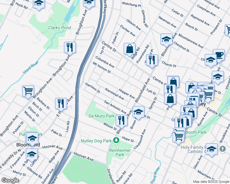 map of restaurants, bars, coffee shops, grocery stores, and more near 59 Hopper Avenue in Nutley