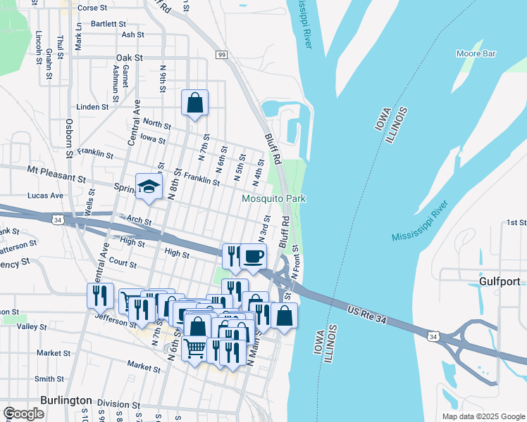map of restaurants, bars, coffee shops, grocery stores, and more near 915 North 3rd Street in Burlington