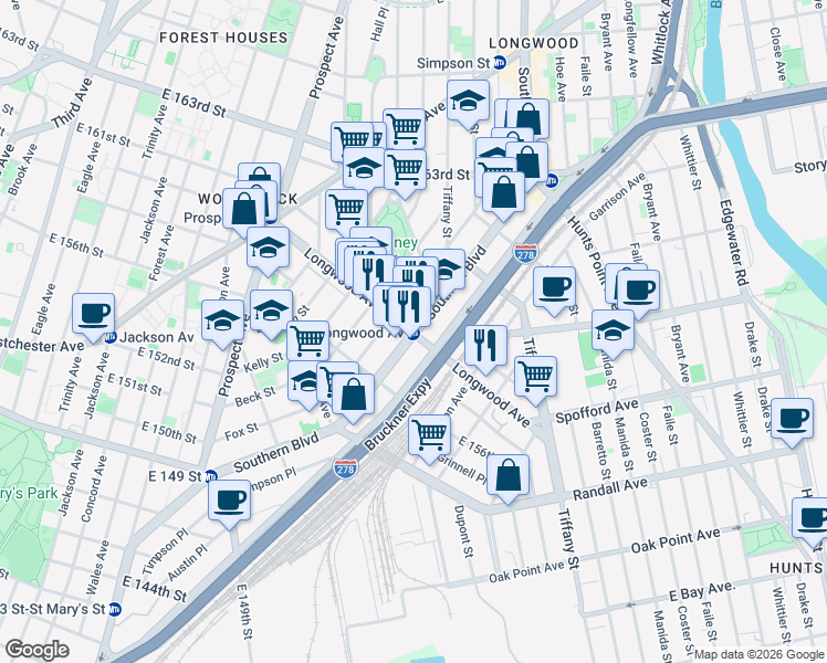 map of restaurants, bars, coffee shops, grocery stores, and more near Longwood Avenue in Bronx
