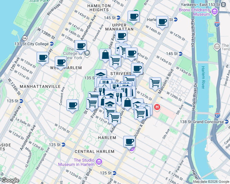 map of restaurants, bars, coffee shops, grocery stores, and more near 235 West 135th Street in New York