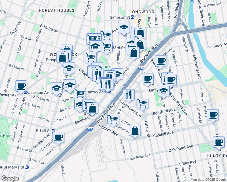 map of restaurants, bars, coffee shops, grocery stores, and more near 1035 Longwood Avenue in Bronx