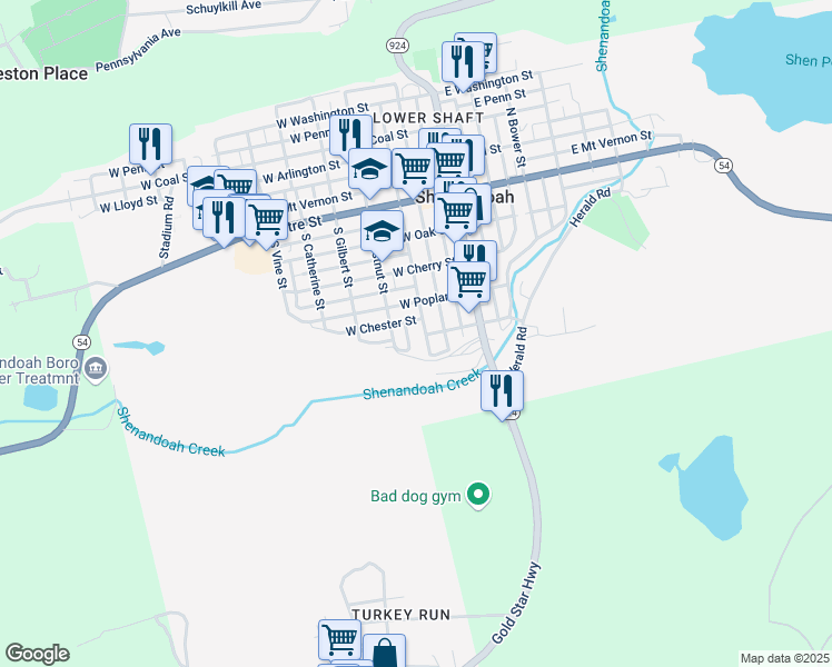 map of restaurants, bars, coffee shops, grocery stores, and more near 338 South West Street in Shenandoah