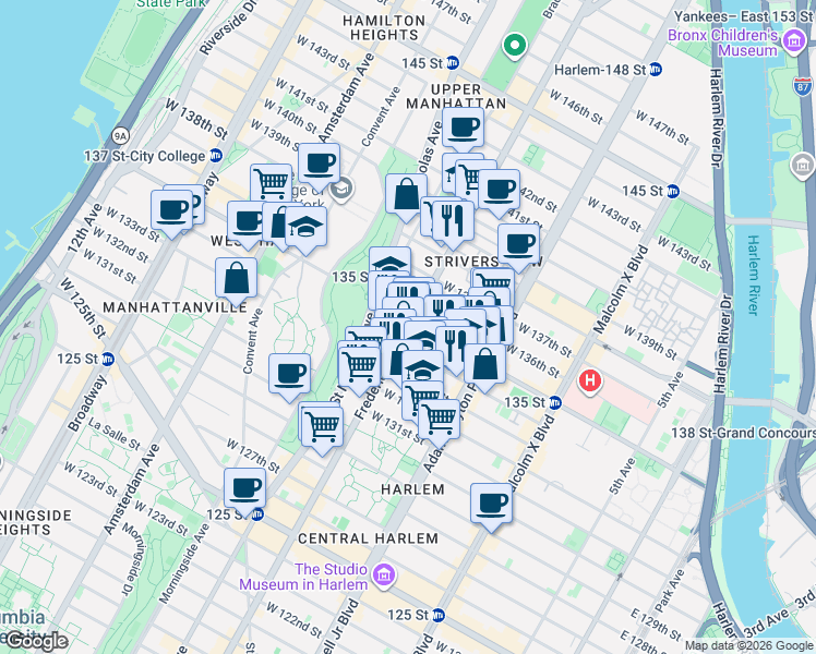 map of restaurants, bars, coffee shops, grocery stores, and more near Frederick Douglass Boulevard in New York