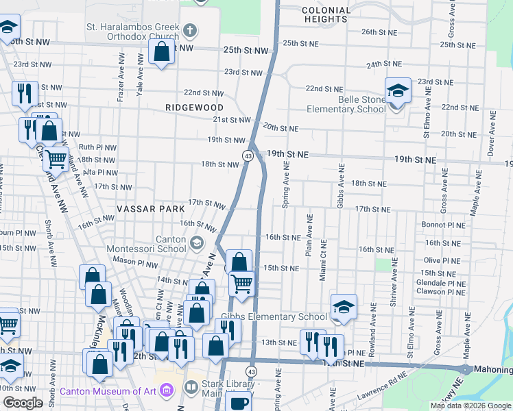 map of restaurants, bars, coffee shops, grocery stores, and more near 219 17th Street Northeast in Canton