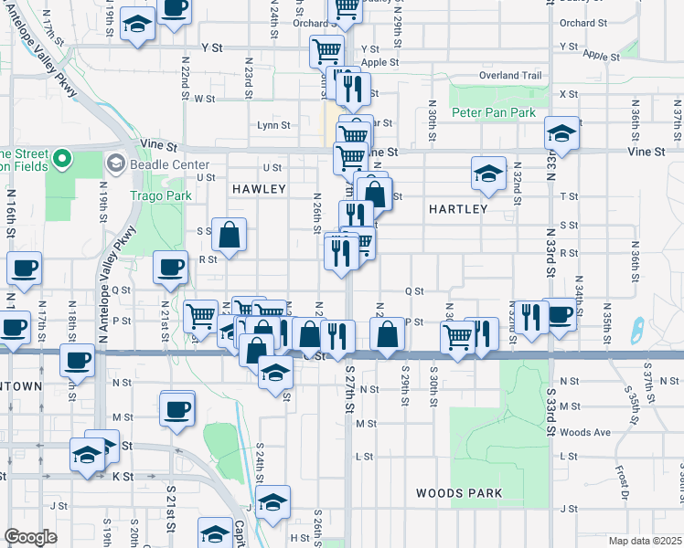 map of restaurants, bars, coffee shops, grocery stores, and more near 335 North 27th Street in Lincoln