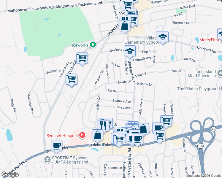 map of restaurants, bars, coffee shops, grocery stores, and more near 11 Flo Drive in Syosset