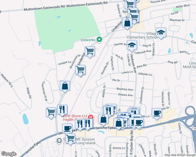 map of restaurants, bars, coffee shops, grocery stores, and more near 58 Lewis Lane in Syosset