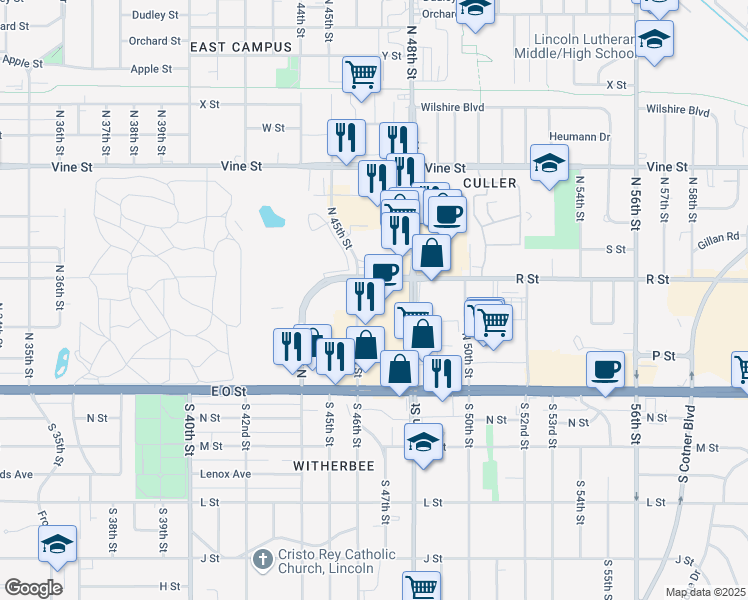 map of restaurants, bars, coffee shops, grocery stores, and more near 333 North 48th Street in Lincoln