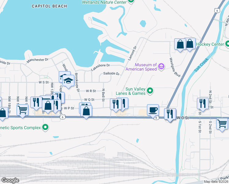 map of restaurants, bars, coffee shops, grocery stores, and more near 544 West Q Street in Lincoln