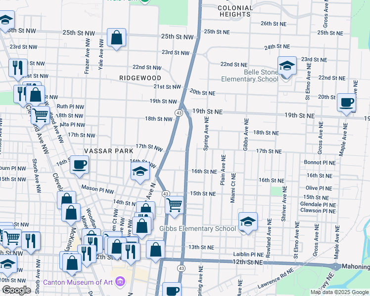 map of restaurants, bars, coffee shops, grocery stores, and more near 219 17th Street Northeast in Canton