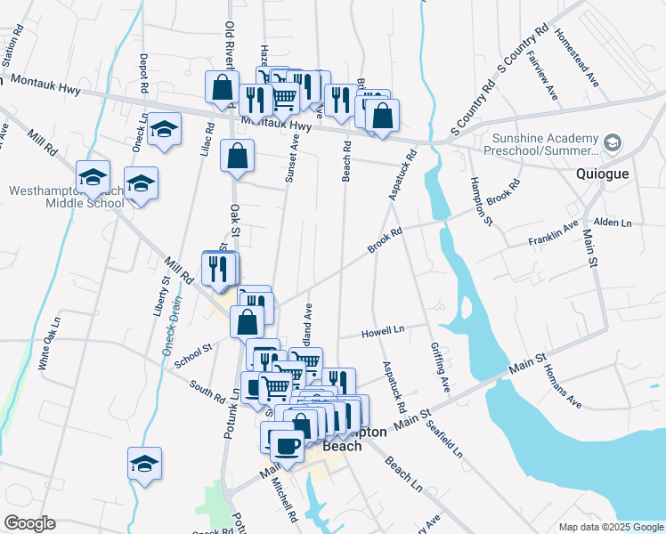 map of restaurants, bars, coffee shops, grocery stores, and more near 89 Beach Road in Westhampton Beach