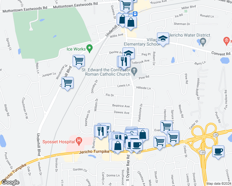 map of restaurants, bars, coffee shops, grocery stores, and more near 428 Harbor Road in Syosset