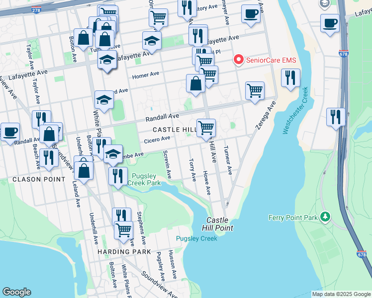 map of restaurants, bars, coffee shops, grocery stores, and more near 2132 Lacombe Avenue in Bronx